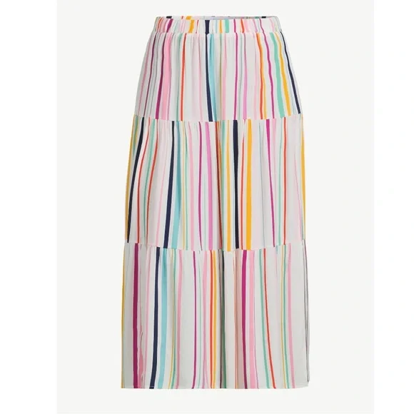 ELOQUII Rainbow Tiered Maxi Skirt With Slit Pull On Elastic Waist Colorful - Picture 4 of 9